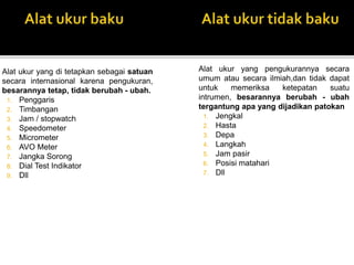 Alat ukur yang di tetapkan sebagai satuan
secara internasional karena pengukuran,
besarannya tetap, tidak berubah - ubah.
1. Penggaris
2. Timbangan
3. Jam / stopwatch
4. Speedometer
5. Micrometer
6. AVO Meter
7. Jangka Sorong
8. Dial Test Indikator
9. Dll
Alat ukur yang pengukurannya secara
umum atau secara ilmiah,dan tidak dapat
untuk memeriksa ketepatan suatu
intrumen, besarannya berubah - ubah
tergantung apa yang dijadikan patokan
1. Jengkal
2. Hasta
3. Depa
4. Langkah
5. Jam pasir
6. Posisi matahari
7. Dll
 