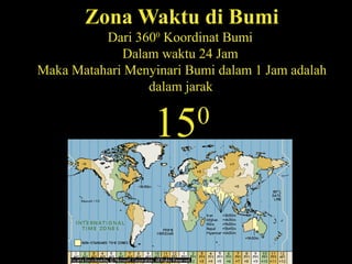 Zona Waktu di Bumi
Dari 3600
Koordinat Bumi
Dalam waktu 24 Jam
Maka Matahari Menyinari Bumi dalam 1 Jam adalah
dalam jarak
150
 