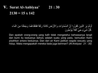 v. Surat Al-Anbiyaa’ 21 : 30
2130 = 15 x 142
‫مءاء‬َ‫ءا‬ ‫ل‬ْ‫م‬‫ا‬ ‫ن‬َ‫ءا‬ ‫م‬ِ‫ن‬ ‫نءا‬َ‫ءا‬‫ل‬ْ‫م‬‫ع‬َ‫ءا‬ ‫ج‬َ‫ءا‬ ‫و‬َ‫ءا‬ ‫مءا‬َ‫ءا‬ ‫ه‬ُ‫م‬ ‫نءا‬َ‫ءا‬‫ق‬ْ‫م‬‫ت‬َ‫ءا‬‫ف‬َ‫ءا‬‫ف‬َ‫ءا‬ ‫ءا‬ً ‫تق‬ْ‫م‬‫ر‬َ‫ءا‬ ‫تءا‬َ‫ءا‬‫ن‬َ‫ءا‬‫كءا‬َ‫ءا‬ ‫ض‬َ‫ءا‬ ‫ر‬ْ‫م‬ ‫ل‬ْ‫م‬َ‫ءا‬ ‫وا‬َ‫ءا‬ ‫ت‬ِ‫ن‬ ‫وا‬َ‫ءا‬ ‫مءا‬َ‫ءا‬ ‫س‬َّ ‫ال‬ ‫ن‬َّ ‫أ‬َ‫ءا‬ ‫روا‬ُ‫م‬ ‫ف‬َ‫ءا‬‫ك‬َ‫ءا‬ ‫ن‬َ‫ءا‬ ‫ذني‬ِ‫ن‬‫ل‬َّ‫ا‬ ‫ر‬َ‫ءا‬ ‫ني‬َ‫ءا‬ ‫م‬ْ‫م‬ ‫ل‬َ‫ءا‬‫و‬َ‫ءا‬ ‫أ‬َ‫ءا‬
‫ن‬َ‫ءا‬ ‫ننو‬ُ‫م‬‫م‬ِ‫ن‬ ‫ؤ‬ْ‫م‬ ‫ني‬ُ‫م‬ ‫ل‬َ‫ءا‬ ‫ف‬َ‫ءا‬‫أ‬َ‫ءا‬ ‫ي‬ٍّ  ‫ح‬َ‫ءا‬ ‫ء‬ٍ ‫ح‬ ‫ي‬ْ‫م‬ ‫ش‬َ‫ءا‬ ‫ل‬َّ ‫ك‬ُ‫م‬
Dan apakah orang-orang yang kafir tidak mengetahui bahwasanya langit
dan bumi itu keduanya dahulu adalah suatu yang padu, kemudian Kami
pisahkan antara keduanya. Dan dari air Kami jadikan segala sesuatu yang
hidup. Maka mengapakah mereka tiada juga beriman? (Al-Anbiyaa’ 21 : 30)
 