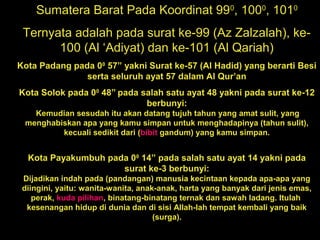 Sumatera Barat Pada Koordinat 990
, 1000
, 1010
Ternyata adalah pada surat ke-99 (Az Zalzalah), ke-
100 (Al ‘Adiyat) dan ke-101 (Al Qariah)
Kota Padang pada 00
57” yakni Surat ke-57 (Al Hadid) yang berarti Besi
serta seluruh ayat 57 dalam Al Qur’an
Kota Solok pada 00
48” pada salah satu ayat 48 yakni pada surat ke-12
berbunyi:
Kemudian sesudah itu akan datang tujuh tahun yang amat sulit, yang
menghabiskan apa yang kamu simpan untuk menghadapinya (tahun sulit),
kecuali sedikit dari (bibit gandum) yang kamu simpan.
Kota Payakumbuh pada 00
14” pada salah satu ayat 14 yakni pada
surat ke-3 berbunyi:
Dijadikan indah pada (pandangan) manusia kecintaan kepada apa-apa yang
diingini, yaitu: wanita-wanita, anak-anak, harta yang banyak dari jenis emas,
perak, kuda pilihan, binatang-binatang ternak dan sawah ladang. Itulah
kesenangan hidup di dunia dan di sisi Allah-lah tempat kembali yang baik
(surga).
 