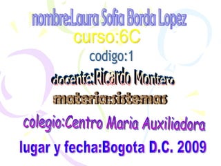 nombre:Laura Sofia Borda Lopez curso:6C docente:Ricardo Montero materia:sistemas colegio:Centro Maria Auxiliadora codigo:1 lugar y fecha:Bogota D.C. 2009 