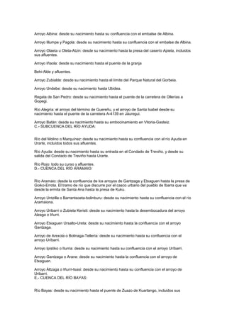 Arroyo Albina: desde su nacimiento hasta su confluencia con el embalse de Albina.

Arroyo Illumpe y Pagola: desde su nacimiento hasta su confluencia con el embalse de Albina.

Arroyo Olaeta u Oleta-Atzin: desde su nacimiento hasta la presa del caserío Apieta, incluidos
sus afluentes.

Arroyo Iñaola: desde su nacimiento hasta el puente de la granja

Behi-Alde y afluentes.

Arroyo Zubialde: desde su nacimiento hasta el límite del Parque Natural del Gorbeia.

Arroyo Undebe: desde su nacimiento hasta Ubidea.

Regata de San Pedro: desde su nacimiento hasta el puente de la carretera de Ollerías a
Gopegi.

Río Alegría: el arroyo del término de Guereñu, y el arroyo de Santa Isabel desde su
nacimiento hasta el puente de la carretera A-4139 en Jáuregui.

Arroyo Batán: desde su nacimiento hasta su embocinamiento en Vitoria-Gasteiz.
C.- SUBCUENCA DEL RÍO AYUDA:


Río del Molino o Marquínez: desde su nacimiento hasta su confluencia con el río Ayuda en
Urarte, incluídos todos sus afluentes.

Río Ayuda: desde su nacimiento hasta su entrada en el Condado de Treviño, y desde su
salida del Condado de Treviño hasta Urarte.

Río Rojo: todo su curso y afluentes.
D.- CUENCA DEL RÍO ARAMAIO:


Río Aramaio: desde la confluencia de los arroyos de Gantzaga y Etxaguen hasta la presa de
Goiko-Errota. El tramo de río que discurre por el casco urbano del pueblo de Ibarra que va
desde la ermita de Santa Ana hasta la presa de Kuku.

Arroyo Untzilla o Barrantsoeta-bolinburu: desde su nacimiento hasta su confluencia con el río
Aramaiona.

Arroyo Uribarri o Zubieta Keristi: desde su nacimiento hasta la desembocadura del arroyo
Alzaga o Iñurri.

Arroyo Etxaguen Ursalto-Ureta: desde su nacimiento hasta la confluencia con el arroyo
Gantzaga.

Arroyo de Arexola o Bolinaga-Tellería: desde su nacimiento hasta su confluencia con el
arroyo Uríbarri.

Arroyo Ipistiko o Iturria: desde su nacimiento hasta su confluencia con el arroyo Uríbarri.

Arroyo Gantzaga o Arane: desde su nacimiento hasta la confluencia con el arroyo de
Etxaguen.

Arroyo Áltzaga o Iñurri-Isasi: desde su nacimiento hasta su confluencia con el arroyo de
Uribarri.
E.- CUENCA DEL RÍO BAYAS:


Río Bayas: desde su nacimiento hasta el puente de Zuazo de Kuartango, incluidos sus
 