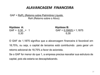GAF = RsPL (Retorno sobre Patrimônio Líquido
RsA (Retorno sobre o Ativo)
Hipótese A: Hipótese B:
GAF = 0,30 = 1 GAF = 0,35625 = 1,1875
0,30 0,30
O GAF de 1,1875 significa que a alavancagem financeira é favorável em
18,75%, ou seja, o capital de terceiros está contribuindo para gerar um
retorno adicional de 18,75% a favor do acionista.
Se o GAF for menor do que 1, a empresa precisa reavaliar sua estrutura de
capital, pois ela estaria se descapitalizando.
ALAVANCAGEM FINANCEIRA
24
 