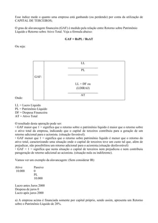 Esse índice mede o quanto uma empresa está ganhando (ou perdendo) por conta da utilização de
CAPITAL DE TERCEIROS;
O grau de alavancagem financeira (GAF) é medido pela relação entre Retorno sobre Patrimônio
Líquido e Retorno sobre Ativo Total. Veja a fórmula abaixo:
GAF = RsPL / RsAT
Ou seja:
Onde:
LL = Lucro Líquido
PL = Patrimônio Líquido
DF = Despesa Financeira
AT = Ativo Total
O resultado desta operação pode ser:
▫ GAF maior que 1 = significa que o retorno sobre o patrimônio líquido é maior que o retorno sobre
o ativo total da empresa, indicando que o capital de terceiros contribuiu para a geração de um
retorno adicional para o acionista. (situação favorável).
▫ GAF menor que 1 = significa que o retorno sobre patrimônio líquido é menor que o retorno do
ativo total, caracterizando uma situação onde o capital de terceiros teve um custo tal que, além de
prejudicar, não possibilitou um retorno adicional para o acionista.(situação desfavorável)
▫ GAF = 1 = significa que nesta situação o capital de terceiros nem prejudicou e nem contribuiu
parageração de retorno adicional ao acionista. (situação nula ou indiferente).
Vamos ver um exemplo da alavancagem: (Sem considerar IR)
Ativo Passivo
10.000 0
PL
10.000
Lucro antes Juros 2000
Despesa de juros 0
Lucro após juros 2000
a) A empresa acima é financiada somente por capital próprio, sendo assim, apresenta um Retorno
sobre o Patrimônio Líquido de 20%.
GAF:
LL
PL
LL + DF ou
(LDIRAJ)
AT
 