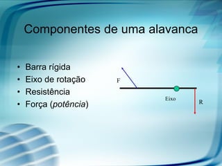 Componentes de uma alavanca
• Barra rígida
• Eixo de rotação
• Resistência
• Força (potência)
F
Eixo
R
 