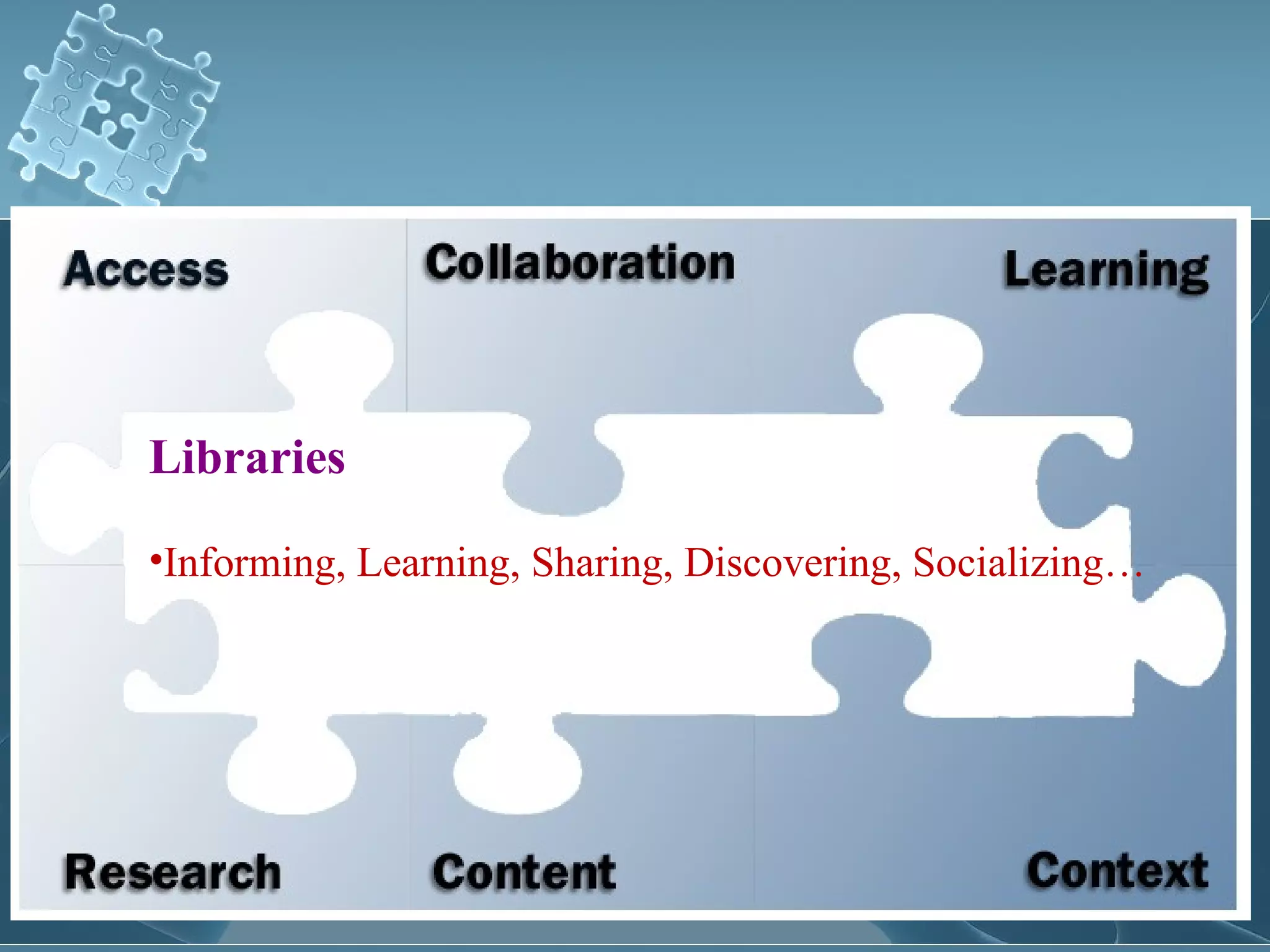 Libraries

•Informing, Learning, Sharing, Discovering, Socializing…
 