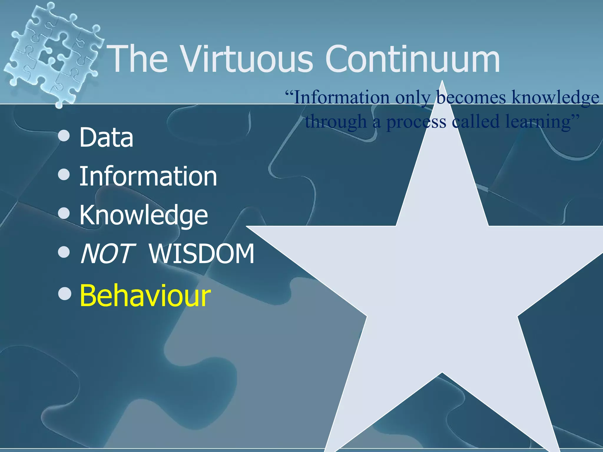 The Virtuous Continuum
                “Information only becomes knowledge
                  through a process called learning”
 Data
 Information
 Knowledge
 NOT WISDOM

 Behaviour
 