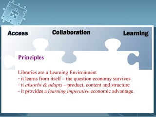 Principles

Libraries are a Learning Environment
- it learns from itself – the question economy survives
- it absorbs & adapts – product, content and structure
- it provides a learning imperative economic advantage
 