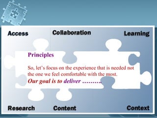 Principles

So, let’s focus on the experience that is needed not
the one we feel comfortable with the most.
Our goal is to deliver ……….
 