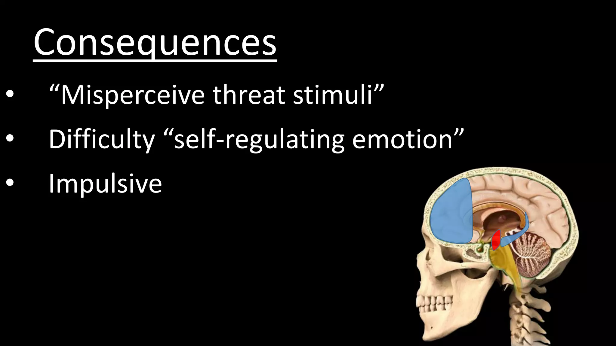 Consequences
• “Misperceive threat stimuli”
• Difficulty “self-regulating emotion”
• Impulsive
 