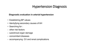 Hypertension Diagnosis
• Establishing BP values
• Identyfying secondary causes of AH
• Searching for :
- other risk factors
- subclinical organ damage
- concomitant diseases
- accompanying CV and renal complications
Diagnostic evaluation in arterial hypertension
 