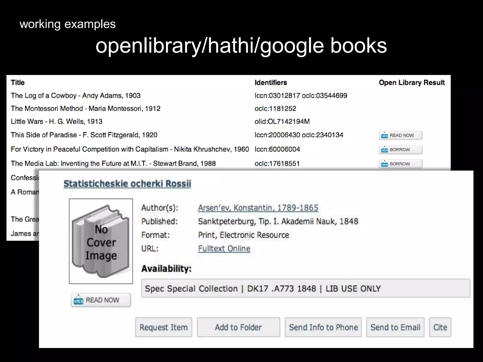 openlibrary/hathi/google books
working examples
 