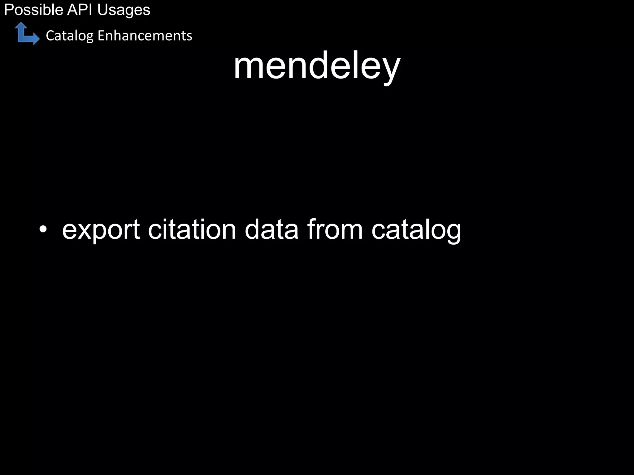 mendeley
• export citation data from catalog
Possible API Usages
Catalog Enhancements
 