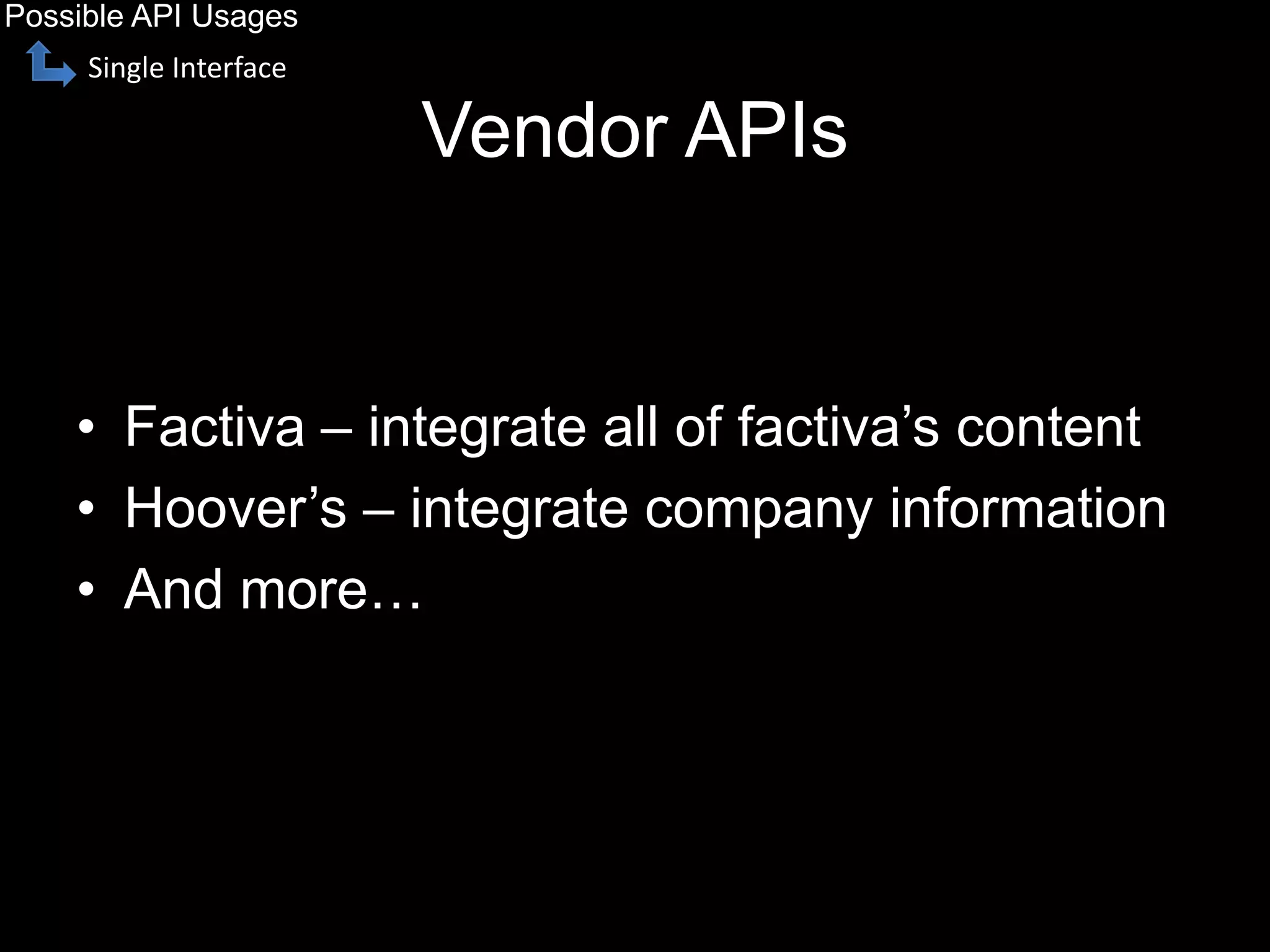 Vendor APIs
• Factiva – integrate all of factiva’s content
• Hoover’s – integrate company information
• And more…
Possible API Usages
Single Interface
 