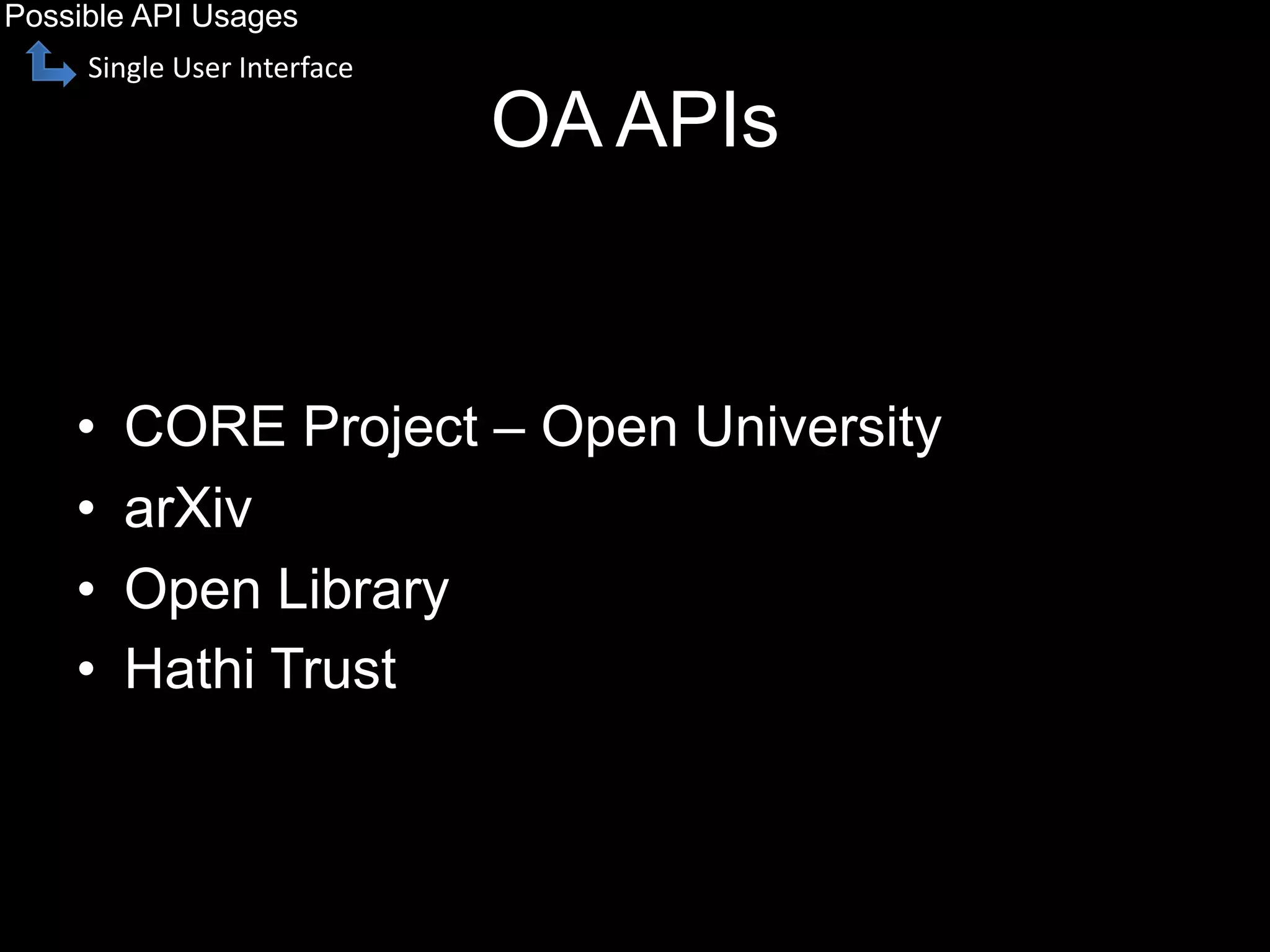 OA APIs
• CORE Project – Open University
• arXiv
• Open Library
• Hathi Trust
Possible API Usages
Single User Interface
 
