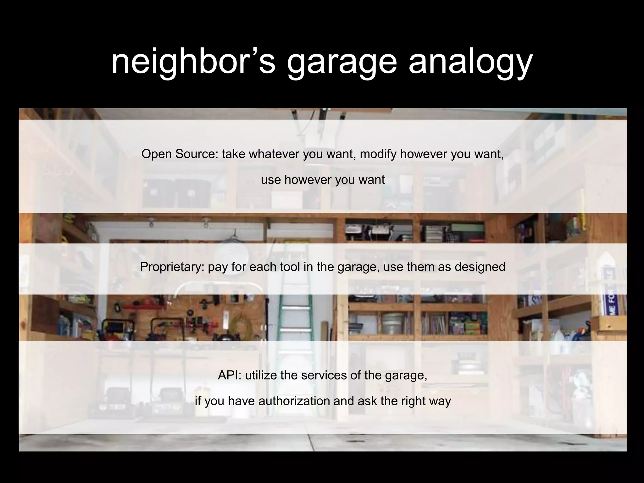 neighbor’s garage analogy
Open Source: take whatever you want, modify however you want,
use however you want
Proprietary: pay for each tool in the garage, use them as designed
API: utilize the services of the garage,
if you have authorization and ask the right way
 