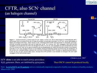 CFTR, also SCN- channel
     (an halogen channel)




                                                                                          Childers et al, 2007
SCN- alone is not able to reach airway peroxidase.
H2O2 generator, Duox, are inhibited by pyocyanin,                   Thus OSCN- cannot be produced locally

Note : Level of SCN- in CF patients saliva is statistically impaired compared to healthy non smokers or healthy smokers,
Minarowski, 2008
 