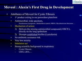Meveol : Alaxia’s First Drug in Development
 •   Attributes of Meveol for Cystic Fibrosis
     •   1st product exiting in our peroxidase plateform
     •   Antimicrobial, wide spectrum,
         –   Pseudomonas Aeruginosa , Burkholderia cepacia, MRSA, Mycobacterium abscessus…
     •   Mechanism of action:
         1) Delivers the missing antimicrobial compound,( OSCN-),
             directly on the lung epithelium
         2) Disrupts established biofilm (Lactoferrin)
     •   No antibiotic resistance risk
     •   Very low toxicity
     •   Inhalation use
     •   Strong scientific background in respiratory
         –   Cystic Fibrosis
         –   URTI, LRTI,…
 