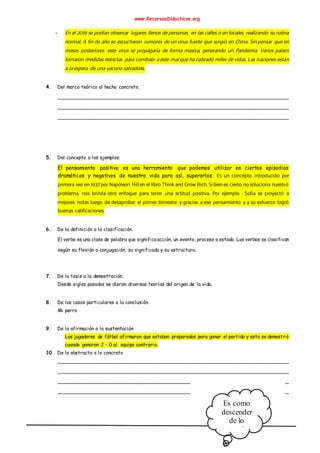 www.RecursosDidacticos.org
- En el 2019 se podían observar lugares llenos de personas, en las calles o en locales, realizando su rutina
normal. A fin de año se escucharon rumores de un virus fuerte que surgió en China. Sin pensar que en
meses posteriores este virus se propagaría de forma masiva, generando un Pandemia. Varios países
tomaron medidas estrictas para combatir a este mal que ha cobrado miles de vidas. Las naciones están
a la espera de una vacuna salvadora.
4. Del marco teórico al hecho concreto.
________________________________________________________________________
________________________________________________________________________
________________________________________________________________________
5. Del concepto a los ejemplos.
El pensamiento positivo es una herramienta que podemos utilizar en ciertos episodios
dramáticos y negativos de nuestra vida para así, superarlos. Es un concepto introducido por
primera vez en 1937 por Napoleon Hill en el libro Think and Grow Rich. Si bien es cierto no soluciona nuestro
problema, nos brinda otro enfoque para tener una actitud positiva. Por ejemplo : Sofía se proyectó a
mejores notas luego de desaprobar el primer bimestre y gracias a ese pensamiento y a su esfuerzo logró
buenas calificaciones.
6. De la definición a la clasificación.
El verbo es una clase de palabra que significa acción, un evento, proceso o estado. Los verbos se clasifican
según su flexión o conjugación, su significado y su estructura.
7. De la tesis a la demostración.
Desde siglos pasados se dieron diversas teorías del origen de la vida.
8. De los casos particulares a la conclusión.
Mi perro
9. De la afirmación a la sustentación
Los jugadores de fútbol afirmaron que estaban preparados para ganar el partido y esto se demostró
cuando ganaron 2 - 0 al equipo contrario.
10. De lo abstracto a lo concreto
________________________________________________________________________
________________________________________________________________________
________________________________________________________________________
________________________________________________________________________
Es como
descender
de lo
general a
lo
particular.
 