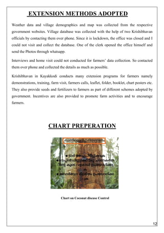 EXTENSION METHODS ADOPTED
Weather data and village demographics and map was collected from the respective
government websites. Village database was collected with the help of two Krishibhavan
officials by contacting them over phone. Since it is lockdown, the office was closed and I
could not visit and collect the database. One of the clerk opened the office himself and
send the Photos through whatsapp.
Interviews and home visit could not conducted for farmers’ data collection. So contacted
them over phone and collected the details as much as possible.
Krishibhavan in Kayakkodi conducts many extension programs for farmers namely
demonstrations, training, farm visit, farmers calls, leaflet, folder, booklet, chart posters etc.
They also provide seeds and fertilizers to farmers as part of different schemes adopted by
government. Incentives are also provided to promote farm activities and to encourage
farmers.
CHART PREPERATION
Chart on Coconut disease Control
12
 