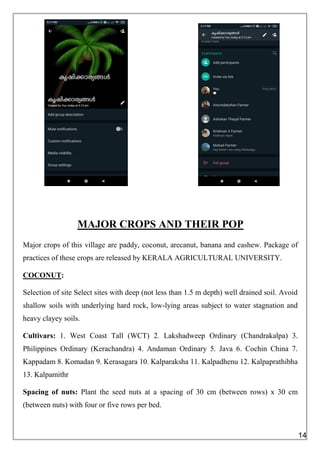 MAJOR CROPS AND THEIR POP
Major crops of this village are paddy, coconut, arecanut, banana and cashew. Package of
practices of these crops are released by KERALA AGRICULTURAL UNIVERSITY.
COCONUT:
Selection of site Select sites with deep (not less than 1.5 m depth) well drained soil. Avoid
shallow soils with underlying hard rock, low-lying areas subject to water stagnation and
heavy clayey soils.
Cultivars: 1. West Coast Tall (WCT) 2. Lakshadweep Ordinary (Chandrakalpa) 3.
Philippines Ordinary (Kerachandra) 4. Andaman Ordinary 5. Java 6. Cochin China 7.
Kappadam 8. Komadan 9. Kerasagara 10. Kalparaksha 11. Kalpadhenu 12. Kalpaprathibha
13. Kalpamithr
Spacing of nuts: Plant the seed nuts at a spacing of 30 cm (between rows) x 30 cm
(between nuts) with four or five rows per bed.
14
 