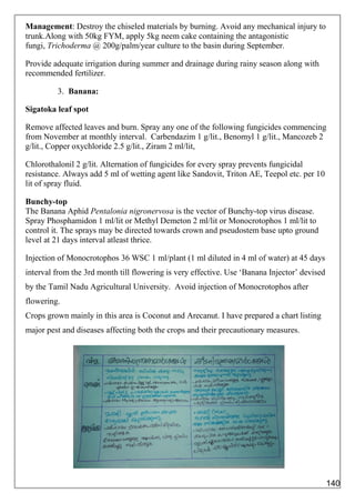 Management: Destroy the chiseled materials by burning. Avoid any mechanical injury to
trunk.Along with 50kg FYM, apply 5kg neem cake containing the antagonistic
fungi, Trichoderma @ 200g/palm/year culture to the basin during September.
Provide adequate irrigation during summer and drainage during rainy season along with
recommended fertilizer.
3. Banana:
Sigatoka leaf spot
Remove affected leaves and burn. Spray any one of the following fungicides commencing
from November at monthly interval. Carbendazim 1 g/lit., Benomyl 1 g/lit., Mancozeb 2
g/lit., Copper oxychloride 2.5 g/lit., Ziram 2 ml/lit,
Chlorothalonil 2 g/lit. Alternation of fungicides for every spray prevents fungicidal
resistance. Always add 5 ml of wetting agent like Sandovit, Triton AE, Teepol etc. per 10
lit of spray fluid.
Bunchy-top
The Banana Aphid Pentalonia nigronervosa is the vector of Bunchy-top virus disease.
Spray Phosphamidon 1 ml/lit or Methyl Demeton 2 ml/lit or Monocrotophos 1 ml/lit to
control it. The sprays may be directed towards crown and pseudostem base upto ground
level at 21 days interval atleast thrice.
Injection of Monocrotophos 36 WSC 1 ml/plant (1 ml diluted in 4 ml of water) at 45 days
interval from the 3rd month till flowering is very effective. Use ‘Banana Injector’ devised
by the Tamil Nadu Agricultural University. Avoid injection of Monocrotophos after
flowering.
Crops grown mainly in this area is Coconut and Arecanut. I have prepared a chart listing
major pest and diseases affecting both the crops and their precautionary measures.
140
 