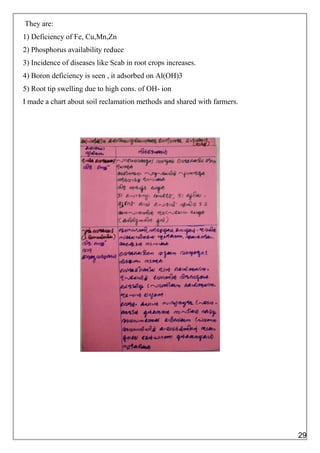 They are:
1) Deficiency of Fe, Cu,Mn,Zn
2) Phosphorus availability reduce
3) Incidence of diseases like Scab in root crops increases.
4) Boron deficiency is seen , it adsorbed on Al(OH)3
5) Root tip swelling due to high cons. of OH- ion
I made a chart about soil reclamation methods and shared with farmers.
29
 