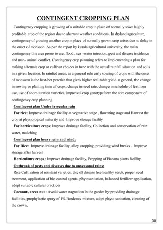 CONTINGENT CROPPING PLAN
Contingency cropping is growing of a suitable crop in place of normally sown highly
profitable crop of the region due to aberrant weather conditions. In dryland agriculture,
contingency of growing another crop in place of normally grown crop arises due to delay in
the onset of monsoon. As per the report by kerala agricultural university, the main
contingency this area prone to are, flood , sea -water intrusion, pest and disease incidence
and man- animal conflict. Contingency crop planning refers to implementing a plan for
making alternate crop or cultivar choices in tune with the actual rainfall situation and soils
in a given location. In rainfed areas, as a general rule early sowing of crops with the onset
of monsoon is the best-bet practice that gives higher realizable yield. n general, the change
in sowing or planting time of crops, change in seed rate, change in schedule of fertilizer
use, use of short duration varieties, improved crop genotypeform the core component of
contingency crop planning.
Contingent plan Under irregular rain
For rice: Improve drainage facility at vegetative stage , flowering stage and Harvest the
crop at physiological maturity and Improve storage facility
For horticulture crops: Improve drainage facility, Collection and conservation of rain
water, mulching
Contingent plan heavy rain and wind:
For Rice: Improve drainage facility, alley cropping, providing wind breaks . Improve
storage after harvest
Horticulture crops : Improve drainage facility, Propping of Banana plants facility
Outbreak of pests and diseases due to unseasonal rains:
Rice Cultivation of resistant varieties, Use of disease free healthy seeds, proper seed
treatment, application of bio control agents, phytosanitation, balanced fertilizer application,
adopt suitable cultural practices
Coconut, areca nut : Avoid water stagnation in the garden by providing drainage
facilities, prophylactic spray of 1% Bordeaux mixture, adopt phyto sanitation, cleaning of
the crown,
30
 