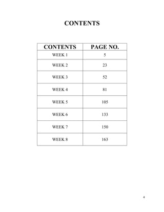 4
CONTENTS
CONTENTS PAGE NO.
WEEK 1 5
WEEK 2 23
WEEK 3 52
WEEK 4 81
WEEK 5 105
WEEK 6 133
WEEK 7 150
WEEK 8 163
 