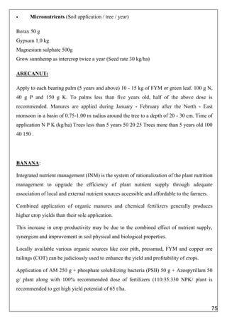  Micronutrients (Soil application / tree / year)
Borax 50 g
Gypsum 1.0 kg
Magnesium sulphate 500g
Grow sunnhemp as intercrop twice a year (Seed rate 30 kg/ha)
ARECANUT:
Apply to each bearing palm (5 years and above) 10 - 15 kg of FYM or green leaf. 100 g N,
40 g P and 150 g K. To palms less than five years old, half of the above dose is
recommended. Manures are applied during January - February after the North - East
monsoon in a basin of 0.75-1.00 m radius around the tree to a depth of 20 - 30 cm. Time of
application N P K (kg/ha) Trees less than 5 years 50 20 25 Trees more than 5 years old 100
40 150 .
BANANA:
Integrated nutrient management (INM) is the system of rationalization of the plant nutrition
management to upgrade the efficiency of plant nutrient supply through adequate
association of local and external nutrient sources accessible and affordable to the farmers.
Combined application of organic manures and chemical fertilizers generally produces
higher crop yields than their sole application.
This increase in crop productivity may be due to the combined effect of nutrient supply,
synergism and improvement in soil physical and biological properties.
Locally available various organic sources like coir pith, pressmud, FYM and copper ore
tailings (COT) can be judiciously used to enhance the yield and profitability of crops.
Application of AM 250 g + phosphate solubilizing bacteria (PSB) 50 g + Azospyrillam 50
g/ plant along with 100% recommended dose of fertilizers (110:35:330 NPK/ plant is
recommended to get high yield potential of 65 t/ha.
75
 