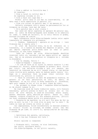 - Cine a umblat cu furculita mea ?
Al saselea:
- Cine a taiat cu cutitul meu ?
Al saptelea intreba si el:
- Cine a baut din cupa mea ?
Primul pitic cata in jur mai cu luare-aminte, si pe
data vazu o mica adancitura in patucul lui.
- Cine s-a culcat in patutul meu ?! se manuna el.
Ceilalti alergara intr-o goana la patuceanurile lor si
incepura sa strige, care mai de care:
- Si-n patutul meu a stat cineva !
Dar cand cel de-al saptelea se apropie de patucul sau,
dete cu ochii de Alba-ca-Zapada care dormea in el adancita
in somn. Ii chema pe ceilalti, si cu totii venira in graba,
scotand strigate de uimire.
Apoi indreptara catre Alba-ca-Zapada lumina celor sapte
lumanarele si ramasera s-o priveasca.
- Doamne, Dumnezeule - apucara ei sa strige - tare
frumoasa mai e copila asta !
Si atat de bucurosi erau, ca nu se indurara sa o
trezeasca, ci o lasara sa doarma mai departe in patut. Iar
cel dea-al saptelea pitic dormi cate un ceas in patul
fiecaruia, si asa trecu noaptea.
Cand se lumina de ziua, Alba-ca-Zapada deschise
incetinel ochii si, vazindu-i pe cei sapte pitici se sperie
rau. Dar ei se aratara prietenosi si incepura sa o intrebe
cu blandete:
- Cum te cheama, fetito ?
- Alba-ca-Zapada - raspunse ea.
- Si cum se face ca ai ajuns in casuta noastra ? o mai
intrebara ei. Atunci, Alba-ca-Zapada le povesti de-a fir-apar totul: cum maica-sa vitrega a pus s-o omoare, dar
vanatorul se indurase de ea si-i lasase viata, si cum gonise
toata ziulica prin padure, pana ce daduse peste casuta lor.
Dupa ce o ascultara fara sa scape vreun cuvintel din
istorisirea ei, piticii ii zisera:
- Daca te invoiesti sa vezi de gospodaria noastra, sa
gatesti si sa faci patucurile, sa cosi, sa speli, sa
impletesti si sa tii totul in buna randuiala si curatenie,
apoi poti ramane la noi si n-o sa duci lipsa de nimic.
- Da, primesc cu draga inima ! raspunse Alba-ca-Zapada,
si de atunci ramase la ei.
Ea ingrijea acum de toate treburile casei, si-n fiecare
dimineata, piticii plecau in munti sa scoata aur si tot
soiul de alte metale, si cand se intorceau seara acasa,
gaseau mancarea gata, aburind pe cuptor. Peste zi, fata
ramanea singura singurica si, din aceasta pricina, piticii
cei buni avusesera mereu grija s-o povatuiasca:
- Pazeste-te de mastera, ca n-o sa-i fie greu de fel sa
afle ca esti la noi ! Si cine stie ce pune iar la cale ! Nu
cumva sa lasi pe cineva sa intre in casa !
Iar imparateasa, fiind incredintata ca mancase plamanii
si ficatii fiicei ei vitrege, se credea iarasi cea mai
frumoasa de pe lume. Si intr-o zi, apropiindu-se de oglinda,
o intreba:
- Oglinjoara din perete, oglinjoara,
Cine e cea mai frumoasa din tara ?
Atunci oglinda ii raspunse:
- Frumoasa esti, craiasa, ca ziua luminoasa,
Dar acolo, ascunsa-n munti,
Sta Alba-ca-Zapada, la cei pitici carunti,

 