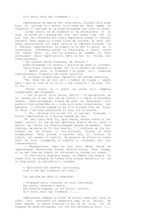 Si-i mult, mult mai frumoasa ! ....
Imparateasa se sperie din cale-afara, fiindca stia prea
bine ca oglinda nu o minte. Si-si dadu pe data seama ca
vanatorul o inselase si ca Alba-ca-Zapada era inca in viata.
Incepu atunci sa se framante si sa chibzuiasca in ce
chip ar putea sa o piarda din nou, caci atata timp cat nu
era cea mai frumoasa din toata imparatia, pizma ii chinuia
sufletul fara ragaz si n-avea clipa de liniste. In cele din
urma, nascociceva: isi vopsi fata si se imbraca intocmai ca
o batrana negutatoare, ca nimeni nu ar mai fi putut sa o
recunoasca. Schimbata astfel la infatisare, o porni catre
cei sapte munti si, intr-un sfarsit, se pomeni in fata
cascioarei celor sapte pitici. Batu la usa si striga din
toata puterea:
- De vanzare marfa frumoasa, de vanzare !
Alba-ca-Zapada isi arunca o privire pe geam si intreba:
-Buna ziua, tusica draga, da' ce ai matale de vanzare ?
- Marfa buna si frumoasa ! se grabi sa-i raspunda
negutatoreasa. Cingatori de toate culorile.
Si vicleana scoase una, impletita din matase pestrita.
"Se vede cat de colo ca-i o femeie de treaba - gandi
fata - asa ca n-am de ce sa nu o las inauntru ! Ca doar n-o
fi foc ! ...
Trase zvorul si o pofti sa intre si-i cumpara
cingatoarea cea frumoasa.
- Vai ce pocit ti-ai pus-o, fetito ! Ia apropie-te, sa
te gatesc eu cu ea, asa cum se cuvine ! o imbie cu blandete
femeia. Alba-ca-Zapada, n-avea de unde sa banuiasca c-ar
paste-o vreo primejdie si o lasa sa-i puna cingatoarea, Dar
babusca, o incinse repede cu ea si-o stranse atat de tare,
ca fetei i se taie rasuflarea si cazu jos ca moarta.
- Ei, de-acum n-o sa mai fii tu cea mai frumoasa !
hohoti imparateasa si o sterse repede pe usa.
Nu mai trecu mult si, spre seara, venira acasa si cei
sapte pitici. Si cum se mai speriara, bietii de ei, cand o
gasira pe iubita lor Alba-ca-Zapada zacand la pamant, fara
simtire, de parca ar fi fost moarta. ! O ridicara de jos si,
vazand cat de strans ii era mijlocul, taiara in doua
cingatoarea. Fata prinse a rasufla iar, si incetul cu
icetul, isi reveni in simtiri. Le povesti ea piticilor toate
cele ce s-au intamplat, si acestia ii atrasera din nou
luarea-aminte:
- Negutatoarea ceea nu era alta decat haina de
imparateasa. Fereste-te, barem, de-acu'incolo, fata draga,
si nu mai lasa pe nimeni sa intrecand nu suntem noi acasa !
Si tare multa dreptate aveau, ca femeia cea neagra la
inima nici nu astepta sa treaca bine pragul palatului si se
si duse glont la oglinda si-o intreba:
- Oglinjoara din perete, oglinjoara,
Cine e cea mai frumoasa din tara ?
Iar oglinda pe data ii raspunse:
- Frumoasa esti, craiasa, ca ziua luminoasa,
Dar acolo, ascunsa-n munti,
Sta Alba-ca-Zapada, la cei pitici carunti,
Si-i mult, mult mai frumoasa ! ....
Imparateasa ramase ca stana de piatra cand auzi asta si
simti ca-i navaleste tot sangele-n cap, ca un vartej, da
cata spaima si manie clocotea in ea. Va sa zica, tot nu
scapase de Alba-ca-Zapada, tot vie era netrebnica asta !...

 