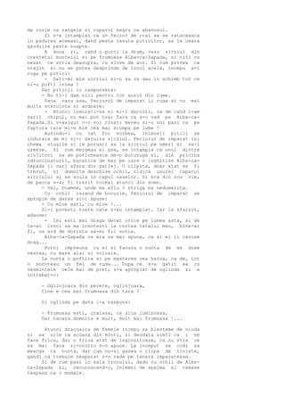 de rosie ca sangele si cuparul negru ca abanosul.
Si s-a intamplat ca un fecior de crai sa se rataceasca
in padurea aceeasi, dand peste casuta piticilor, sa le ceara
gazduire peste noapte.
A doua zi, cand o porni la drum, vazu sicriul din
crestetul muntelui si pe frumoasa Alba-ca-Zapada, si citi cu
nesat ce scria deasupra, cu slove de aur. Si cum privea ca
vrajit si nu se putea desprinde de locul acela, incepu a-i
ruga pe pitici:
- Dati-mi mie sicriul si-o sa va dau in schimb tot ce
vi-o pofti inima !
Dar piticii ii raspunsera:
- Nu ti-l dam nici pentru tot aurul din lume.
Daca vazu asa, feciorul de imparat ii ruga si cu mai
multa staruinta si ardoare:
- Atunci indurati-va si mi-l daruiti, ca de cand i-am
zarit chipul, nu mai pot trai fara ca s-o vad pe Alba-caZapada.Si v-asigur c-o voi cinsti mereu si-o voi pazi ca pe
faptura care mi-e mie cea mai scumpa pe lume !
Auzindu-l cu cat foc vorbea, inimosii pitici se
indurara de el si-i daruira sicriul. Feciorul de imparat isi
chema slugile si le porunci sa ia sicriul pe umeri si sa-l
urmeze. Si cum mergeau ei asa, se intampla ca unul dintre
slujitori sa se poticneasca de-o buturuga si, din pricina
zdruncinaturii, bucatica de mar pe care o inghitise Alba-caZapada ii sari afara din gatlej. O clipita, doar atat sa fi
trecut, si domnita deschise ochii, ridica usurel capacul
sicriului si se scula in capul oaselor. Si era din nou vie,
de parca s-ar fi trezit tocmai atunci din somn.
- Vai, Doamne, unde ma aflu ? striga ea nedumerita.
Cu ochii razand de bucurie, feciorul de imparat se
apropie de dansa si-i spuse:
- Cu mine esti, cu mine !...
Si-i povesti toate cate s-au intamplat. Iar la sfarsit,
adause:
- Imi esti mai draga decat orice pe lumea asta, si de
te-ai invoi sa ma insotesti la curtea tatalui meu, bine-ar
fi, ca ard de dorinta sa-mi fii sotie.
Alba-ca-Zapada ce era sa mai spuna, ca si ei ii cazuse
drag...
Porni impreuna cu el si facura o nunta de se duse
vestea, cu mare alai si voiosie.
La nunta o poftira si pe masterea cea haina, ca de, tot
o socoteau un fel de ruda... Dupa ce s-a gatit ea cu
vesmintele cele mai de pret, s-a apropiat de oglinda si a
intrebat-o:
- Oglinjoara din perete, oglinjoara,
Cine e cea mai frumoasa din tara ?
Si oglinda pe data i-a raspuns:
- Frumoasa esti, craiasa, ca ziua luminoasa,
Dar tanara domnita e mult, mult mai frumoasa !...
Atunci dracoaica de femeie incepu sa blesteme de ciuda
si sa urle ca scoasa din minti, si deodata simti ca i se
face frica, dar o frica atat de ingrozitoare, ca nu stia ce
sa mai faca si-ncotro s-o apuce. La inceput se codi sa
mearga la nunta, dar cum nu-si gasea o clipa de liniste,
gandi ca trebuie neaparat s-o vada pe tanara imparateasa.
Si de cum pasi in sala tronului, dadu cu ochii de Albaca-Zapada si, recunoscand-o, inlemni de spaima si ramase
teapana ca o momaie.

 