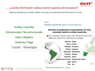 Idioma: 
Visible / Invisible 
Estructurada / No estructurada 
Libre / Registro 
Gratuita / Pago 
“Locale” -Multilingüe 
Múltiples significados para un mismo término 
Fuente: Fernando Maciá Domene -slideshare - 
Algunos ejemplos que pueden afectar al acceso y recuperación de información en la red: 
… ¿cuánta información valiosa somos capaces de recuperar? 
II Encuentro de estudiantes y profesionales del sector turístico. 
Alba Santa Soriano / 3 de diciembre de 2014. Universidad de Alicante.  