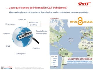 Algunosejemplossobrela importanciade profundizarenel conocimientode nuestrasnecesidades: 
… ¿con qué fuentes de información C&T trabajamos? 
Un ejemplo: LaReferencia“Autoridades científicas de Latinoamérica firman un acuerdo histórico de acceso a la información” 
Estado del arte: 
Producción científica 
Resultados de investigación 
Patentes 
Marketplace 
OWC 
Eventos 
Financiación 
Grupos I+D 
II Encuentro de estudiantes y profesionales del sector turístico. 
Alba Santa Soriano / 3 de diciembre de 2014. Universidad de Alicante.  