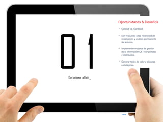 0 1 
Fuente 
Oportunidades & Desafíos 
Calidad Vs. Cantidad. 
Dar respuesta a las necesidad de observación y análisis permanente del entorno. 
Implementar modelos de gestión de la información C&T horizontales y distribuidos. 
Generar redes de valor y alianzas estratégicas. 
Del átomo al bit _  