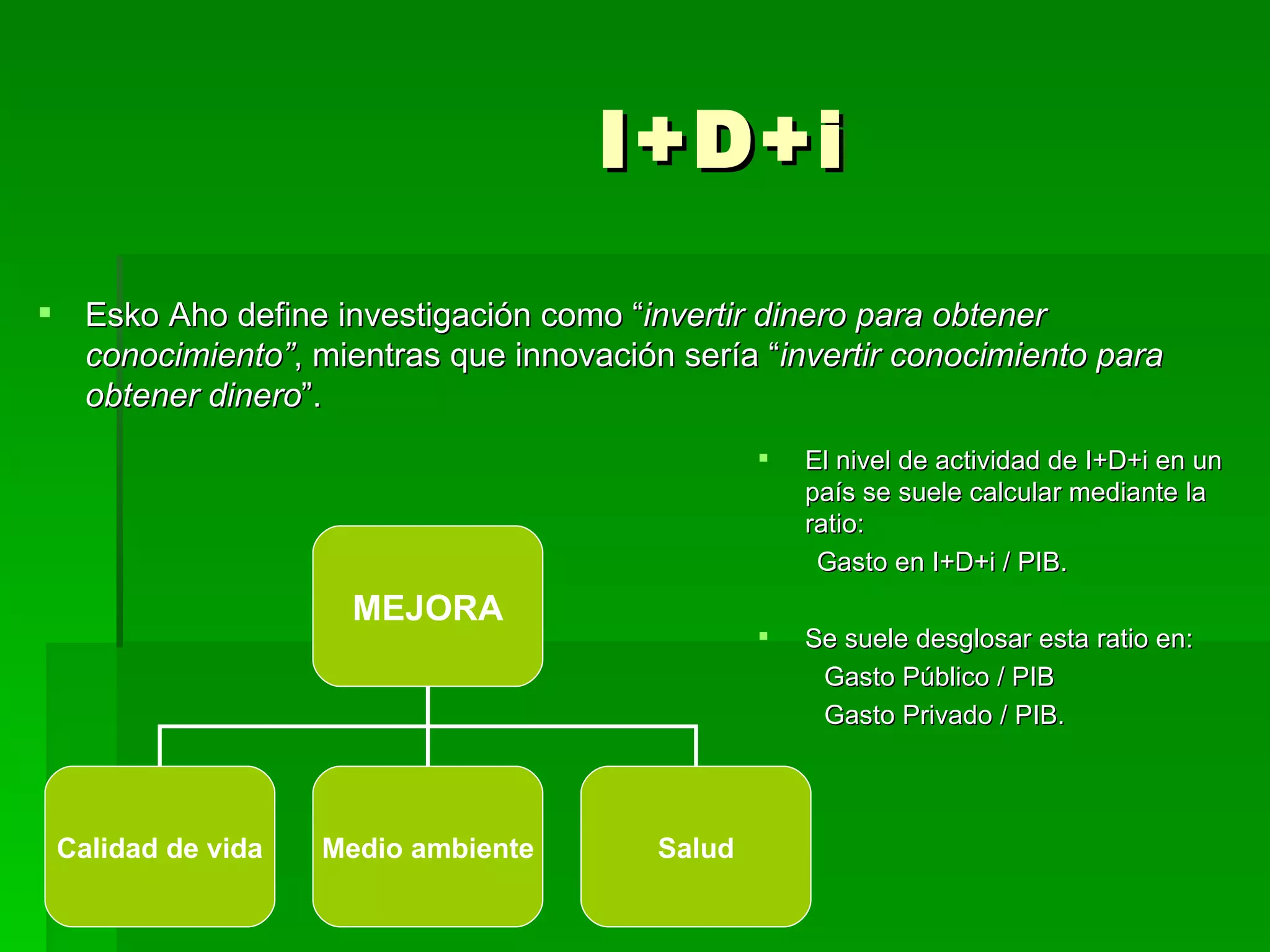 I+D+i Esko Aho define investigación como “ invertir dinero para obtener conocimiento” , mientras que innovación sería “ invertir conocimiento para obtener dinero ”. El nivel de actividad de I+D+i en un país se suele calcular mediante la ratio: Gasto en I+D+i / PIB.  Se suele desglosar esta ratio en: Gasto Público / PIB  Gasto Privado / PIB.  MEJORA Calidad de vida Medio ambiente Salud 