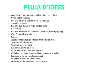 - Anar d'excursió per saber si el camí es curt o llarg
- Pintar rètols i arbres
- Fer una excursió per les fonts i coneix-les
- cartells de perills...........
- Cartells que diguin si hi ha ombra o sol
- Fer tríptics
- Cartells amb diferents idiomes ( català /castellà /angles)
- Codi QR en els cartells
- Mapes
- A cada font un cartell amb els noms de les fonts
- Senyalització de les fonts
- Senyalar fonts al mapa
- Marcar una ruta de fonts
- Pintar els arbres per saber el camí
- Cada font un color amb els arbres a conjunt i pedres
- Marcar els Km de tot el recorregut
- Quants Km hi ha de font a font
- Noms de les fonts que vas en els arbres
PLUJA D’IDEES
 
