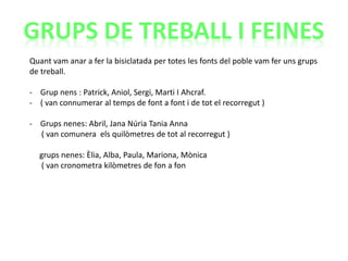 GRUPS DE TREBALL I FEINES
Quant vam anar a fer la bisiclatada per totes les fonts del poble vam fer uns grups
de treball.
- Grup nens : Patrick, Aniol, Sergi, Marti I Ahcraf.
- ( van connumerar al temps de font a font i de tot el recorregut )
- Grups nenes: Abril, Jana Núria Tania Anna
( van comunera els quilòmetres de tot al recorregut )
grups nenes: Èlia, Alba, Paula, Mariona, Mònica
( van cronometra kilòmetres de fon a fon
 