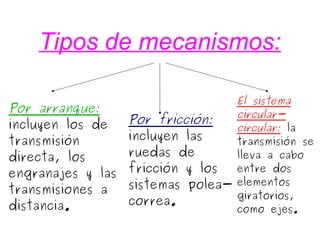 Tipos de mecanismos:
Por arranque:
incluyen los de
transmisión
directa, los
engranajes y las
transmisiones a
distancia.
Por fricción:
incluyen las
ruedas de
fricción y los
sistemas polea-
correa.
El sistema
circular-
circular: la
transmisión se
lleva a cabo
entre dos
elementos
giratorios,
como ejes.
 