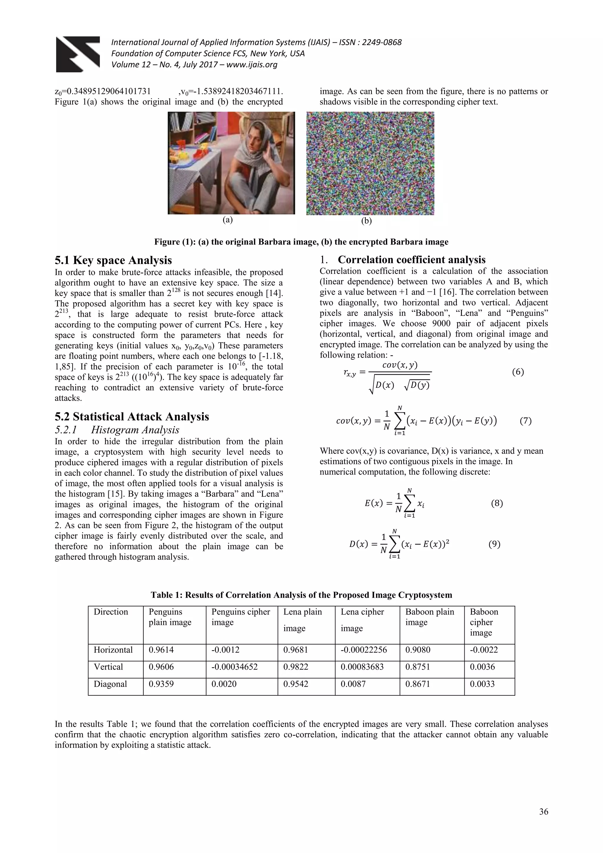 International Journal of Applied Information Systems (IJAIS) – ISSN : 2249-0868
Foundation of Computer Science FCS, New York, USA
Volume 12 – No. 4, July 2017 – www.ijais.org
36
z0=0.34895129064101731 ,v0=-1.53892418203467111.
Figure 1(a) shows the original image and (b) the encrypted
image. As can be seen from the figure, there is no patterns or
shadows visible in the corresponding cipher text.
(a) (b)
Figure (1): (a) the original Barbara image, (b) the encrypted Barbara image
5.1 Key space Analysis
In order to make brute-force attacks infeasible, the proposed
algorithm ought to have an extensive key space. The size a
key space that is smaller than 2128
is not secures enough [14].
The proposed algorithm has a secret key with key space is
2213
, that is large adequate to resist brute-force attack
according to the computing power of current PCs. Here , key
space is constructed form the parameters that needs for
generating keys (initial values x0, y0,z0,v0) These parameters
are floating point numbers, where each one belongs to [-1.18,
1,85]. If the precision of each parameter is 10-16
, the total
space of keys is 2213
((1016
)4
). The key space is adequately far
reaching to contradict an extensive variety of brute-force
attacks.
5.2 Statistical Attack Analysis
5.2.1 Histogram Analysis
In order to hide the irregular distribution from the plain
image, a cryptosystem with high security level needs to
produce ciphered images with a regular distribution of pixels
in each color channel. To study the distribution of pixel values
of image, the most often applied tools for a visual analysis is
the histogram [15]. By taking images a “Barbara” and “Lena”
images as original images, the histogram of the original
images and corresponding cipher images are shown in Figure
2. As can be seen from Figure 2, the histogram of the output
cipher image is fairly evenly distributed over the scale, and
therefore no information about the plain image can be
gathered through histogram analysis.
1. Correlation coefficient analysis
Correlation coefficient is a calculation of the association
(linear dependence) between two variables A and B, which
give a value between +1 and −1 [16]. The correlation between
two diagonally, two horizontal and two vertical. Adjacent
pixels are analysis in “Baboon”, “Lena” and “Penguins”
cipher images. We choose 9000 pair of adjacent pixels
(horizontal, vertical, and diagonal) from original image and
encrypted image. The correlation can be analyzed by using the
following relation: -
Where cov(x,y) is covariance, D(x) is variance, x and y mean
estimations of two contiguous pixels in the image. In
numerical computation, the following discrete:
Table 1: Results of Correlation Analysis of the Proposed Image Cryptosystem
Direction Penguins
plain image
Penguins cipher
image
Lena plain
image
Lena cipher
image
Baboon plain
image
Baboon
cipher
image
Horizontal 0.9614 -0.0012 0.9681 -0.00022256 0.9080 -0.0022
Vertical 0.9606 -0.00034652 0.9822 0.00083683 0.8751 0.0036
Diagonal 0.9359 0.0020 0.9542 0.0087 0.8671 0.0033
In the results Table 1; we found that the correlation coefficients of the encrypted images are very small. These correlation analyses
confirm that the chaotic encryption algorithm satisfies zero co-correlation, indicating that the attacker cannot obtain any valuable
information by exploiting a statistic attack.
 