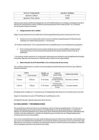 TIPO DE TRABAJADOR SALARIO SEMANAL 
Operario o Oficial S/ 320 
Ayudante, Peón volante S/266 
Además para cada cuadrilla de trabajadores usó 370 ladrillos diarios en su trabajo y se trabajó durante el 
periodo de una semana y media. La relación para la preparación del mortero fue de 1:6 (1 bolsa de 
cemento para 2 buguis de arena) 
 Aseguramiento de la calidad 
Según lo que observamos se cumplió las mínimas especificaciones para la construcción de muros: 
 Se terminó con la construcción de los muros en el tiempo especificado por el Planeamiento 
realizado con anterioridad (duración 1 1/2 semana) 
- El mortero usado fue de 1:6 lo cual está dentro de lo aceptable para muros de tabiquería y parapetos. 
 En la construcción de los muros se pudo observar que se usó escantillón y andamios esto 
conjuntamente con la wincha para el transporte de los equipos hasta el tercer nivel de la 
edificación. 
- Los obreros usaban cascos en su mayor parte, este equipo era necesario pues paralelamente al trabajo 
se picaban algunas columnas para su reforzamiento y podrían correr algún peligro. 
 Determinación de la Productividad en la construcción de los muros 
Se muestra a continuación un cuadro con las principales características de la obra en lo que refiere al 
aspecto productivo: 
HORA TIEMPO de 
TRABAJO 
EVENTO 
SUSCITADO 
OBSERVACIONES 
Inicio Culminación 
7:30 am 5:00 pm 8 1/2 horas 
Construcción 
convencional de 
muros 
De lunes a viernes 
7:30 am 1:00 pm 5 1/2 horas 
Construcción 
convencional de 
muros 
Los días sábado 
El trabajo diario contaba con 1 hora para que los trabajadores almuercen en el comedor vecino a la obra. 
Según lo observado se usaron 370 ladrillos por cuadrilla para un día. 
Cantidad Producida : Aproximadamente 16m2 de muro. 
III) CONCLUSIONES Y RECOMENDACIONES 
Se concluyó la construcción de los muros del tercer nivel en el tiempo establecido de 1 1/2 semana, lo 
cual fue favorable pues se pudo continuar inmediatamente con las obras posteriores y no retrasar el 
trabajo. En esta tarea favoreció el uso de equipos como la Wincha para el transporte de materiales hasta 
el tercer nivel de la edificación , también los andamios que se hicieron de uso indispensable para la 
construcción de muros circundantes. 
Los muros construidos fueron en gran parte de tabiquería para la división de ambientes, cabe señalar que 
los muros circundantes fueron levantados con amarre de cabeza y el resto de muros con amarre de soga. 
Además los muros tenían un refuerzo con alambre de 8 para su confinamiento en los pórticos, a ecepción 
de los parapetos que fueron de construcción simple. 
 