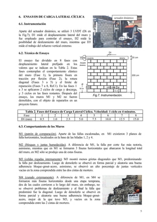 5
6. ENSAYOS DE CARGA LATERAL CÍCLICA
6.1. Instrumentación
Aparte del actuador dinámico, se utilizó 3 LVDT (Di en
la Fig.7); D1 mide el desplazamiento lateral del muro y
fue empleado para controlar el ensayo, D2 mide la
posibilidad de deslizamiento del muro, mientras que D3
mide el trabajo del refuerzo vertical extremo.
6.2. Técnica de Ensayo
El ensayo fue dividido en 8 fases con
desplazamiento lateral prefijado en los
valores que se indican en la Tabla 2. Estas
fases contemplan el comportamiento elástico
del muro (Fase 1), la primera fisura en
tracción por flexión (Fase 2), la rotura
diagonal (Fases 3 a 5) y el límite de
reparación (Fases 7 a 8, Ref.1). En las fases 1
a 3 se aplicaron 2 ciclos de carga y descarga,
y 3 ciclos en las fases restantes. Después del
ensayo, los muros M1 y M2 no fueron
demolidos, con el objeto de repararlos en un
proyecto futuro.
Tabla 2. Fases del Ensayo de Carga Lateral Cíclica. Velocidad: 1 ciclo en 4 minutos.
Fase 1 2 3 4 5 6 7 8
D1 (mm) 0.5 1.0 2.5 5.0 7.5 10.0 12.5 15.0
6.3. Comportamiento de los Muros
M1 (patrón de comparación). Aparte de las fallas escalonadas, en M1 existieron 3 planos de
falla horizontales, localizados en la base de las hiladas 1, 2 y 4.
M2 (bloques y juntas humedecidas). A diferencia de M1, la falla por corte fue más notoria,
asimismo, mientras que en M1 se formaron 3 fisuras horizontales que abarcaron la longitud total
del muro, en M2 sólo se produjo una de estas fisuras.
M3 (celdas regadas internamente). M3 mostró menos grietas diagonales que M1, predominando
la falla por deslizamiento. Luego de demolerlo se observó en forma parcial y aleatoria una buena
adherencia bloque-grout-acero, asimismo, se observó un alto porcentaje de juntas verticales
vacías en la zona comprendida entre las dos cintas de mortero.
M4 (curado externamente). A diferencia de M1, en M4 se
formaron más fisuras horizontales desde una etapa temprana,
dos de las cuales corrieron a lo largo del muro, sin embargo, no
se observó problemas de deslizamiento y al final la falla que
predominó fue la diagonal. Luego de demolerlo se observó en
forma parcial y aleatoria una buena adherencia bloque-grout-
acero, mejor de la que tuvo M3, y vacíos en la zona
comprendida entre las 2 cintas de mortero.
20 cm
200 cm
V
D1
D2D3
50 cm
30 cm
izquierda derecha
Actuador
dinámico
Fig.7. Instrumentación.
actuador dinámico
 