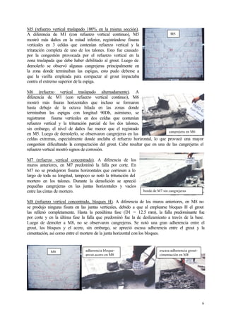 6
M5 (refuerzo vertical traslapado 100% en la misma sección).
A diferencia de M1 (con refuerzo vertical continuo), M5
mostró más daños en la mitad inferior, registrándose fisuras
verticales en 3 celdas que contenían refuerzo vertical y la
trituración completa de uno de los talones. Esto fue causado
por la congestión provocada por el refuerzo vertical en la
zona traslapada que debe haber debilitado al grout. Luego de
demolerlo se observó algunas cangrejeras principalmente en
la zona donde terminaban las espigas, esto pudo deberse a
que la varilla empleada para compactar al grout impactaba
contra el extremo superior de la espiga.
M6 (refuerzo vertical traslapado alternadamente). A
diferencia de M1 (con refuerzo vertical continuo), M6
mostró más fisuras horizontales que incluso se formaron
hasta debajo de la octava hilada en las zonas donde
terminaban las espigas con longitud 90Db, asimismo, se
registraron fisuras verticales en dos celdas que contenían
refuerzo vertical y la trituración parcial de los dos talones,
sin embargo, el nivel de daños fue menor que el registrado
en M5. Luego de demolerlo, se observaron cangrejeras en las
celdas extremas, especialmente donde anclaba el refuerzo horizontal, lo que provocó una mayor
congestión dificultando la compactación del grout. Cabe resaltar que en una de las cangrejeras el
refuerzo vertical mostró signos de corrosión.
M7 (refuerzo vertical concentrado). A diferencia de los
muros anteriores, en M7 predominó la falla por corte. En
M7 no se produjeron fisuras horizontales que corriesen a lo
largo de toda su longitud, tampoco se notó la trituración del
mortero en los talones. Durante la demolición se apreció
pequeñas cangrejeras en las juntas horizontales y vacíos
entre las cintas de mortero.
M8 (refuerzo vertical concentrado, bloques H). A diferencia de los muros anteriores, en M8 no
se produjo ninguna fisura en las juntas verticales, debido a que al emplearse bloques H el grout
las rellenó completamente. Hasta la penúltima fase (D1 = 12.5 mm), la falla predominante fue
por corte y en la última fase la falla que predominó fue la de deslizamiento a través de la base.
Luego de demoler a M8, no se observaron cangrejeras. Se notó una gran adherencia entre el
grout, los bloques y el acero, sin embargo, se apreció escasa adherencia entre el grout y la
cimentación, así como entre el mortero de la junta horizontal con los bloques.
M5
cangrejera en M6
borde de M7 sin cangrejeras
M8 adherencia bloque-
grout-acero en M8
escasa adherencia grout-
cimentación en M8
 
