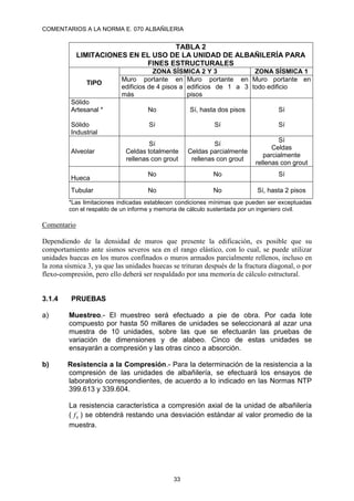 COMENTARIOS A LA NORMA E. 070 ALBAÑILERIA
33
TABLA 2
LIMITACIONES EN EL USO DE LA UNIDAD DE ALBAÑILERÍA PARA
FINES ESTRUCTURALES
TIPO
ZONA SÍSMICA 2 Y 3 ZONA SÍSMICA 1
Muro portante en
edificios de 4 pisos a
más
Muro portante en
edificios de 1 a 3
pisos
Muro portante en
todo edificio
Sólido
Artesanal *
Sólido
Industrial
No
Sí
Sí, hasta dos pisos
Sí
Sí
Sí
Alveolar
Sí
Celdas totalmente
rellenas con grout
Sí
Celdas parcialmente
rellenas con grout
Sí
Celdas
parcialmente
rellenas con grout
Hueca
No No Sí
Tubular No No Sí, hasta 2 pisos
*Las limitaciones indicadas establecen condiciones mínimas que pueden ser exceptuadas
con el respaldo de un informe y memoria de cálculo sustentada por un ingeniero civil.
Comentario
Dependiendo de la densidad de muros que presente la edificación, es posible que su
comportamiento ante sismos severos sea en el rango elástico, con lo cual, se puede utilizar
unidades huecas en los muros confinados o muros armados parcialmente rellenos, incluso en
la zona sísmica 3, ya que las unidades huecas se trituran después de la fractura diagonal, o por
flexo-compresión, pero ello deberá ser respaldado por una memoria de cálculo estructural.
3.1.4 PRUEBAS
a) Muestreo.- El muestreo será efectuado a pie de obra. Por cada lote
compuesto por hasta 50 millares de unidades se seleccionará al azar una
muestra de 10 unidades, sobre las que se efectuarán las pruebas de
variación de dimensiones y de alabeo. Cinco de estas unidades se
ensayarán a compresión y las otras cinco a absorción.
b) Resistencia a la Compresión.- Para la determinación de la resistencia a la
compresión de las unidades de albañilería, se efectuará los ensayos de
laboratorio correspondientes, de acuerdo a lo indicado en las Normas NTP
399.613 y 339.604.
La resistencia característica a compresión axial de la unidad de albañilería
( ´
b
f ) se obtendrá restando una desviación estándar al valor promedio de la
muestra.
 