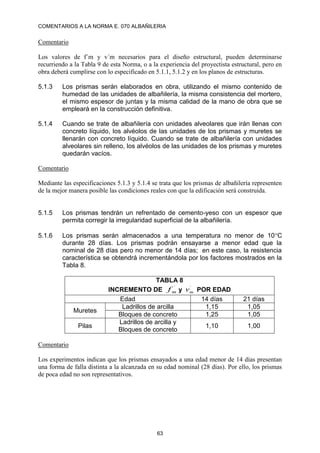 COMENTARIOS A LA NORMA E. 070 ALBAÑILERIA
63
Comentario
Los valores de f´m y v´m necesarios para el diseño estructural, pueden determinarse
recurriendo a la Tabla 9 de esta Norma, o a la experiencia del proyectista estructural, pero en
obra deberá cumplirse con lo especificado en 5.1.1, 5.1.2 y en los planos de estructuras.
5.1.3 Los prismas serán elaborados en obra, utilizando el mismo contenido de
humedad de las unidades de albañilería, la misma consistencia del mortero,
el mismo espesor de juntas y la misma calidad de la mano de obra que se
empleará en la construcción definitiva.
5.1.4 Cuando se trate de albañilería con unidades alveolares que irán llenas con
concreto líquido, los alvéolos de las unidades de los prismas y muretes se
llenarán con concreto líquido. Cuando se trate de albañilería con unidades
alveolares sin relleno, los alvéolos de las unidades de los prismas y muretes
quedarán vacíos.
Comentario
Mediante las especificaciones 5.1.3 y 5.1.4 se trata que los prismas de albañilería representen
de la mejor manera posible las condiciones reales con que la edificación será construida.
5.1.5 Los prismas tendrán un refrentado de cemento-yeso con un espesor que
permita corregir la irregularidad superficial de la albañilería.
5.1.6 Los prismas serán almacenados a una temperatura no menor de 10C
durante 28 días. Los prismas podrán ensayarse a menor edad que la
nominal de 28 días pero no menor de 14 días; en este caso, la resistencia
característica se obtendrá incrementándola por los factores mostrados en la
Tabla 8.
TABLA 8
INCREMENTO DE
´
m
f y ´
m
v POR EDAD
Edad 14 días 21 días
Muretes
Ladrillos de arcilla 1,15 1,05
Bloques de concreto 1,25 1,05
Pilas
Ladrillos de arcilla y
Bloques de concreto
1,10 1,00
Comentario
Los experimentos indican que los prismas ensayados a una edad menor de 14 días presentan
una forma de falla distinta a la alcanzada en su edad nominal (28 días). Por ello, los prismas
de poca edad no son representativos.
 