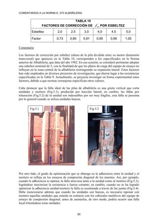COMENTARIOS A LA NORMA E. 070 ALBAÑILERIA
65
TABLA 10
FACTORES DE CORRECCIÓN DE
´
m
f POR ESBELTEZ
Esbeltez 2,0 2,5 3,0 4,0 4,5 5,0
Factor 0,73 0,80 0,91 0,95 0,98 1,00
Comentario
Los factores de corrección por esbeltez (altura de la pila dividida entre su menor dimensión
transversal) que aparecen en la Tabla 10, corresponden a los especificados en la Norma
anterior de Albañilería, que data del año 1982. En esa ocasión, se consideró pertinente adoptar
una esbeltez nominal de 5, con la finalidad de que los platos de carga del equipo de ensayo no
influyan en la zona central de la albañilería restringiendo su expansión lateral. Estos factores
han sido empleados en diversos proyectos de investigación, que dieron lugar a las resistencias
especificadas en la Tabla 9. Actualmente, se proyecta investigar en forma experimental estos
factores, debido a que normas extranjeras especifican otros valores.
Cabe destacar que la falla ideal de las pilas de albañilería es una grieta vertical que corta
unidades y mortero (Fig.5.1), producida por tracción lateral; en cambio, las fallas por
trituración (Fig.5.2) de la unidad son indeseables por ser muy frágiles, esta falla se presenta
por lo general cuando se utiliza unidades huecas.
Por otro lado, el grado de optimización que se obtenga en la adherencia entre la unidad y el
mortero se refleja en los ensayos de compresión diagonal de los muretes. Así, por ejemplo,
cuando la adherencia es óptima, la falla atraviesa tanto a la unidad como al mortero (Fig.5.3),
lográndose maximizar la resistencia a fuerza cortante; en cambio, cuando no se ha logrado
optimizar la adherencia unidad-mortero la falla es escalonada a través de las juntas (Fig.5.4).
Debe mencionarse además que cuando las unidades son huecas, es necesario taponar con
mortero aquellas unidades que estarán en contacto con los cabezales metálicos del equipo de
ensayo de compresión diagonal, antes de asentarlas, de otro modo, podría ocurrir una falla
local triturándose estas unidades.
Fig.5.1 Fig.5.2
 