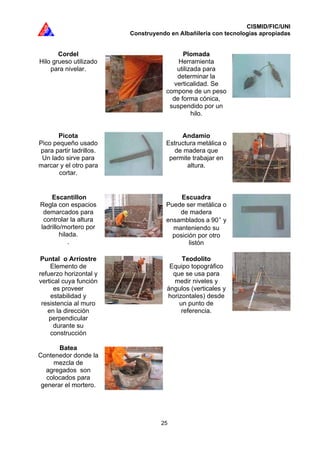 CISMID/FIC/UNI
Construyendo en Albañilería con tecnologías apropiadas
25
Cordel
Hilo grueso utilizado
para nivelar.
Plomada
Herramienta
utilizada para
determinar la
verticalidad. Se
compone de un peso
de forma cónica,
suspendido por un
hilo.
Picota
Pico pequeño usado
para partir ladrillos.
Un lado sirve para
marcar y el otro para
cortar.
Andamio
Estructura metálica o
de madera que
permite trabajar en
altura.
Escantillon
Regla con espacios
demarcados para
controlar la altura
ladrillo/mortero por
hilada.
.
Escuadra
Puede ser metálica o
de madera
ensamblados a 90 y
manteniendo su
posición por otro
listón
Puntal o Arriostre
Elemento de
refuerzo horizontal y
vertical cuya función
es proveer
estabilidad y
resistencia al muro
en la dirección
perpendicular
durante su
construcción
Teodolito
Equipo topográfico
que se usa para
medir niveles y
ángulos (verticales y
horizontales) desde
un punto de
referencia.
Batea
Contenedor donde la
mezcla de
agregados son
colocados para
generar el mortero.
 