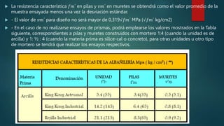  La resistencia característica 𝑓𝑚´ en pilas y 𝑣𝑚´ en muretes se obtendrá como el valor promedio de la
muestra ensayada menos una vez la desviación estándar.
 - El valor de 𝑣𝑚´ para diseño no será mayor de 0,319√𝑓𝑚´ MPa (√𝑓𝑚´ kg/cm2)
 - En el caso de no realizarse ensayos de prismas, podrá emplearse los valores mostrados en la Tabla
siguiente, correspondientes a pilas y muretes construidos con mortero 1:4 (cuando la unidad es de
arcilla) y 1: ½ : 4 (cuando la materia prima es sílice-cal o concreto), para otras unidades u otro tipo
de mortero se tendrá que realizar los ensayos respectivos.
 