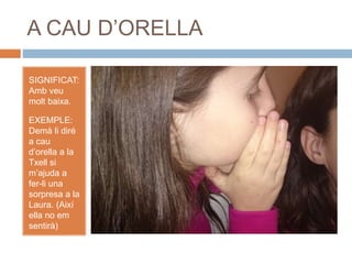 A CAU D’ORELLA
SIGNIFICAT:
Amb veu
molt baixa.
EXEMPLE:
Demà li diré
a cau
d’orella a la
Txell si
m’ajuda a
fer-li una
sorpresa a la
Laura. (Així
ella no em
sentirà)
 